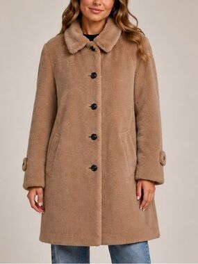 Burberry Faux Fur Teddy Coat Camel Beige Long Jacket Button Front Shearling 0 XS